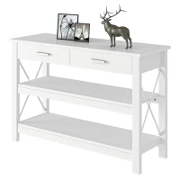 HOMCOM Mesa Consola Mesa de Recibidor Entrada con 2 Cajones y Estantes Inferiores Marco Metálico 105x40x76 cm Blanco(m-11)