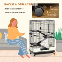 PawHut Cage pour petits animaux roulante 3 plates-formes démontables 3 rampes plateau inférieur amovible métal PP 81,2 x 52,7 x 114 cm noir(m-5)