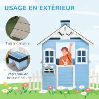 Outsunny Cabane de jeu pour enfant maison de jardin en bois porte et fenêtres de 3 à 7 ans dim. 151L x 112.5l x 142H cm bleu(m-5)