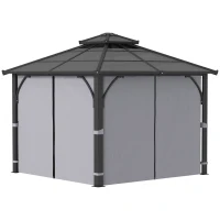 Outsunny 3 x 3(m) Hardtop Gazebo Canopy with 7mm Double Polycarbonate Roof, Garden Gazebo Permanent Pavilion with Mosquito Netting and Curtains for Patio, Deck, Dark Grey(m-11)