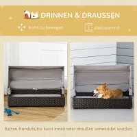 PawHut Rattan Hundehütte mit Dach Hundeliege Hundehaus Haustierbett Hundebett Hundekorb Hundesofa Hunde Outdoor Kissen Kaffee+Grau 90 x 60 x 65 cm(m-4)