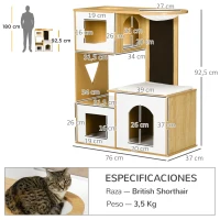 PawHut Árbol Rascador para Gatos con 3 Casetas de Madera Cojines Lavables Tabla de Rascado y Hamaca 76x37x92,5 cm Roble(m-3)
