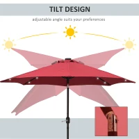 Outsunny 2.7m Patio Garden Umbrella Outdoor Parasol with Tilt Crank and 24 LEDs Lights (Red)(m-4)