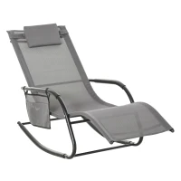 Outsunny Outdoor Garden Rocking Chair, Patio Sun Lounger Rocker Chair with Breathable Mesh Fabric, Removable Headrest Pillow, Armrest, Side Storage Bag, Grey(m-1)
