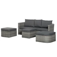 Outsunny 3 Piece Rattan Garden Furniture Set with Cushions, Patio Wicker Conversation Double Chaise Lounge Furniture Set with Convertible Middle Table, Mixed Grey(m-11)