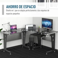 HOMCOM Mesa Esquinera PC Escritorio Ordenador Oficina Dormitorio Hogar Escuela Metal Madera Vidrio de Seguridad(m-6)