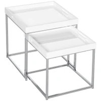 HOMCOM Set da 2 Tavolini da Caffè Impilabili con Finitura Lucida e Telaio in Acciaio, Bianco(m-1)