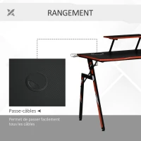 HOMCOM Bureau gaming bureau gamer bureau informatique bracket casque enceintes porte-gobelet grand plateau MDF texture carbone + étagère écran châssis acier rouge noir(m-6)