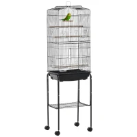 PawHut Jaula para Pájaros con Soporte Jaula Metálica con Ruedas Bandeja Extraíble y Estante 46,5x36x157 cm Negro(m-10)