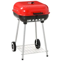 Outsunny Charcoal Trolley BBQ Barbecue Grill Patio Camping Picnic Garden Party Outdoor Cooking with Lid, Wheels and Storage Shelf, Black and Red(m-1)