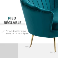 HOMCOM Canapé 2 places en tissu velours, petit canapé, en forme de coquillage, avec coussin épais de 10 cm, canapé, structure en métal, pieds dorés effilés, facile à assembler, bleu canard(m-4)