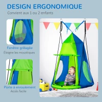 Outsunny Balançoire nid d'oiseau Ronde avec Tente Amovible Ø 100 cm 4 Anneaux Inclus métal époxy Oxford Haute densité - Vert et Bleu(m-6)