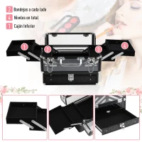 HOMCOM Maletín de Maquillaje Bisutería Organizador Cosméticos Portátil Múltiples Niveles Con Asa y Bandejas Desplegables Aleación de Aluminio 30x18,5x22 cm Transparente y Negro(m-7)