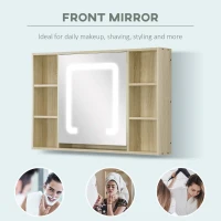 kleankin LED Bathroom Mirror Cabinet, Wall Mounted Dimmable Brightness Medicine Cabinet with Adjustable Shelf and Mirrored Door, Memory Function, USB Charge, Natural(m-8)