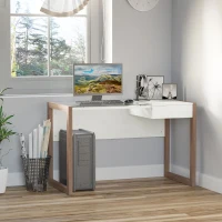 HOMCOM Bureau Informatique Table de Travail Ordinateur avec Grand Plateau en Verre Trempé et Tiroir Intégré Idéal pour Bureau Chambre 120 x 60 x 75 cm Blanc et Bois(m-2)