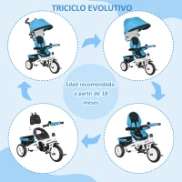 HOMCOM Triciclo Evolutivo para Niños +12 Meses con Toldo Plegable Mango de Empuje Telescópico y Cinturón de Seguridad Azul(m-5)
