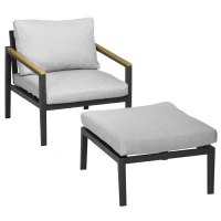 Outsunny Gartensessel mit Ottomane für 2 Personen, abnehmbare Bezüge, wetterbeständig, Hellgrau + Schwarz(m-10)