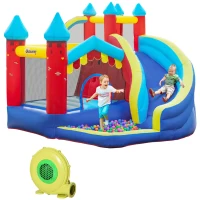 Outsunny Kids Bouncy Castle, with Slide, Pool, Trampoline, Climbing Wall, Blower(m-1)