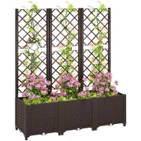 Outsunny Raised Garden Bed with Trellis, Plastic Planter Box with Drainage Holes, Drain Plugs and Water Reservoirs for Climbing Plants, Vegetables, Flowers, Brown(m-1)
