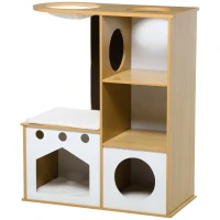 PawHut Árbol Rascador para Gatos de Madera para Gatos con 2 Cuevas Rascador Hamaca y Cojines de Felpa 76x37x92,5 cm Roble(m-11)