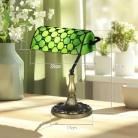 HOMCOM Stained Glass Table Lamp, Vintage Lamp with Green Handmade Shade, Metal Base, Antique Bedside Lamp for Bedroom Living Room Home Decoration(m-3)