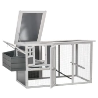 PawHut Chicken Coop with Run Rabbit Hutch Wooden Poultry Cage Hen House w/ Nesting Box Removable Tray Openable Roof Grey 162 x 76.5 x 79.5cm(m-8)