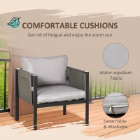 Outsunny 4 Piece Metal Garden Furniture Set with Tempered Glass Coffee Table, Texteline Pocket, Outdoor Set Loveseat Single Armchairs with Padded Cushions, Light Grey(m-6)