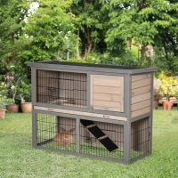 PawHut 2 Tier Wooden Rabbit Hutch Guinea Pig House Bunny Cage Backyard w/ Ramp Outdoor Run Built-in Tray Openable Roof Small Animal House Brown, 108 x 45 x 78 cm(m-10)