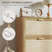 HOMCOM Mobile Scarpiera per 18 Paia di Scarpe con 3 Cassetti Ribaltabili in Legno e Rattan, 80x25x120 cm, Marrone(m-7)