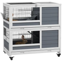 PawHut Double Deckers Guinea Pig Cage, Indoor Rabbit Hutch with Feeding Trough, Trays, Ramps, Openable Top - Grey(m-1)