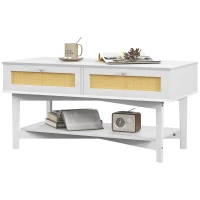 HOMCOM Mesa de Centro Blanca Mesa Baja con 2 Cajones Decorativos de Ratán y Estante de Almacenamiento 100x50x50 cm(m-10)