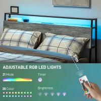 HOMCOM Double Steel Bed Frame, with LED Lights and Headboard Shelf - Grey(m-4)