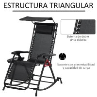 Outsunny Silla Mecedora de Jardín Plegable Tumbona Reclinable con Techo Protección Solar Reposacabezas Extraíble y Reposapiés Estructura de Acero 120x67x102 cm Negro(m-7)