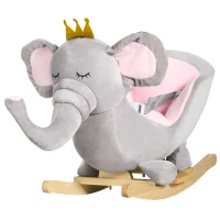 HOMCOM Schaukeltier Elefant, Sicherheitsgurt, gepolsterter Sattel, Soundfunktion 60 cm x 33 cm x 45 cm, Grau + Rosa(m-10)