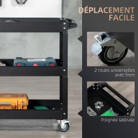 DURHAND Chariot desserte d'atelier acier 3 plateaux sur roulettes avec poignée charge max. 150 kg 83 x 35,3 x 76 cm acier noir(m-5)