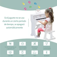 HOMCOM Piano Electrónico Infantil de 37 Teclas Juego de Piano con Modelo Pedagógico Micrófono Taburete Luces y 22 Canciones USB/MP3/Bluetooth Karaoke 53,5x27x63 cm Blanco(m-4)