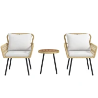 Outsunny Juego de 3 Piezas Sillas y Mesa de Ratán PE con 2 Sillas 1 Mesa de Centro Redonda y Cojines para Terraza Balcón Natural(m-11)