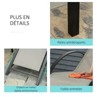 Outsunny Lot de 2 bains de soleil design contemporain table basse plateau verre trempé métal époxy textilène gris(m-6)