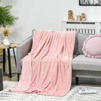 HOMCOM Flannel Fleece Blanket for Sofas, All-Season Fluffy Warm Throw Blanket for Bed, Couch, Chair, Striped Reversible Travel Bedspread, Double Size, 203 x 152cm, Pink(m-10)