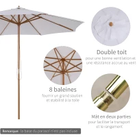 Outsunny Parasol de jardin extérieur parasol droit double toit en bois polyester haute densité protection solaire Ø 3 x 2,5 m blanc(m-5)