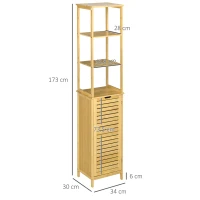 kleankin Badschrank, Hochschrank, drei Regalböden, ein Schrankfach mit Lamellentür, Kippschutz, Bambus, 34 x 30 x 173cm(m-3)