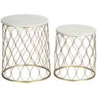 Outsunny 2er-Set Gartentisch Beistelltische Couchtische Retro Drahtkorb Metallkorb Garten Satztisch Gartenmöbel Outdoor Balkon Stahl Gold + Weiß Ø41 x 46 cm(m-10)