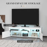 HOMCOM Meuble banc TV, meuble de télévision, jusqu'à 55 pouces, avec LED, étagères et placards, 150 x 38 x 45 cm, blanc laqué(m-6)
