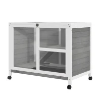 PawHut Cage à lapin clapier sur roulettes petit enclos animaux en bois massif 2 étages toit ouvrant plates-formes 91,5 x 53,3 x 73 cm gris(m-9)
