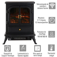 HOMCOM Cheminée électrique poêle style rétro thermostat 900-1800 W minuterie et télécommande noir(m-6)