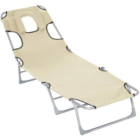 Outsunny Chaise longue pliante avec appui-tête à trou pour la lecture et dossier Inclinable en tissu Oxford beige(m-1)
