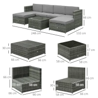 Outsunny 7-tlg. Polyrattan Gartengarnitur Gartenmöbel Garten-Set Sitzgruppe Loungeset Loungemöbel inkl. Fußhocker Sitzkissen Grau Stahl + Polyester 58 x 58 x 37 cm(m-3)