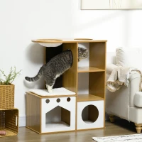 PawHut Árbol Rascador para Gatos de Madera para Gatos con 2 Cuevas Rascador Hamaca y Cojines de Felpa 76x37x92,5 cm Roble(m-2)