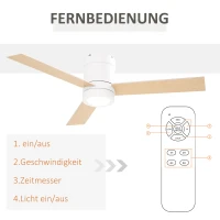 HOMCOM Deckenventilator mit LED-Licht, 2-in-1 Design, mit Timer, Fernbedienung, Deckenlampe mit Ventilator, Weiß+Naturholz(m-7)