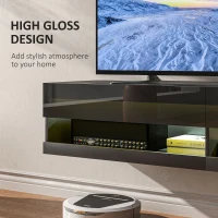 HOMCOM Floating TV Unit, Wall Mounted TV Cabinet for TVs up to 65", High Gloss Media Wall Unit with LED Lights, Storage Shelves for Living Entertainment Room, Black(m-7)